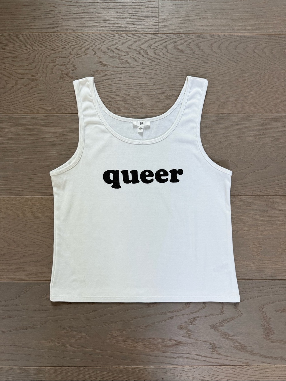 bp White Tank Top with Black "queer" Print